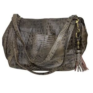 Great American Leather‎ Works Shoulder Bag Brown Croc Embossed Tassel Boho Large